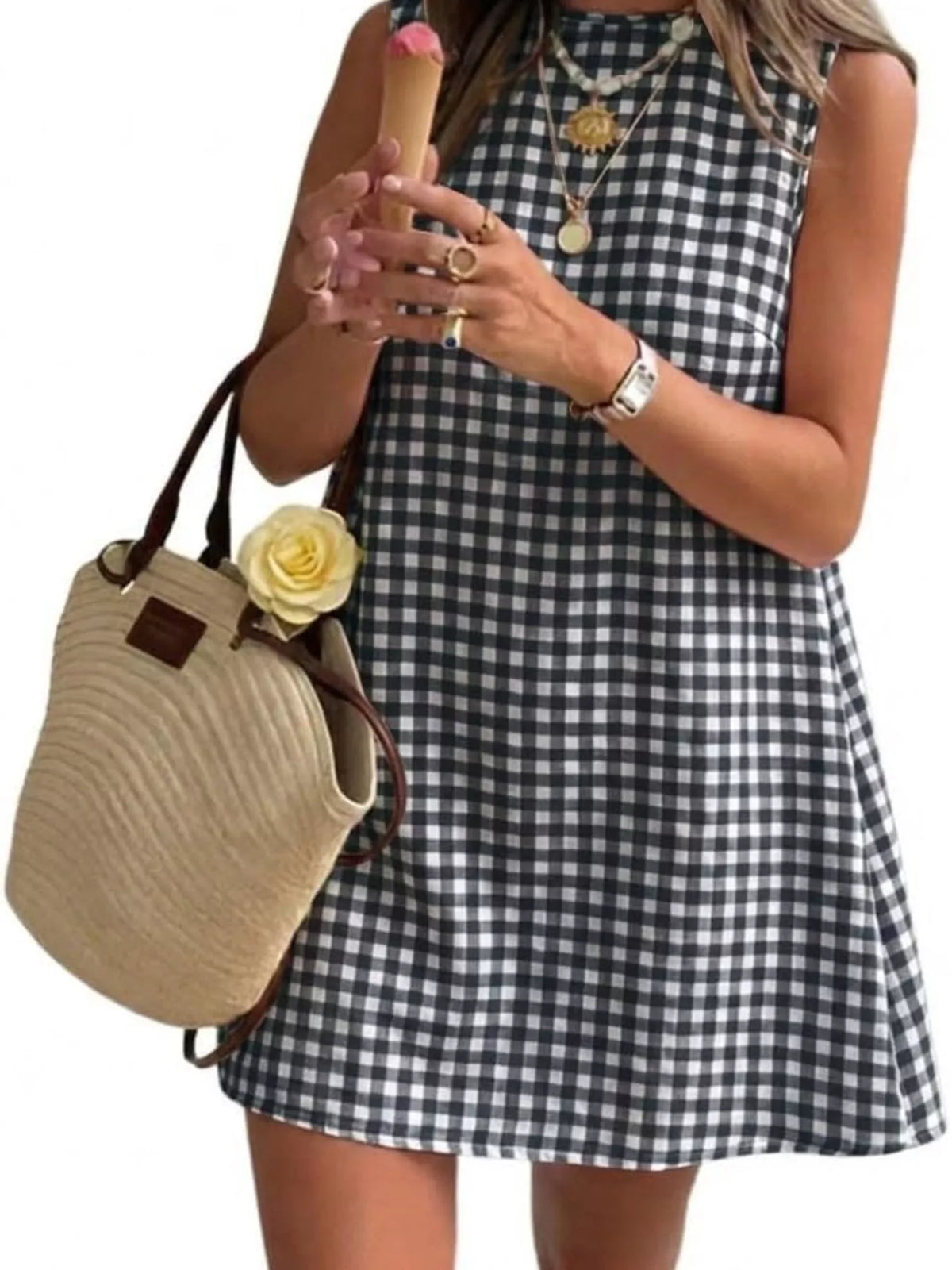 Gingham Sleeveless A-Line Mini Dress