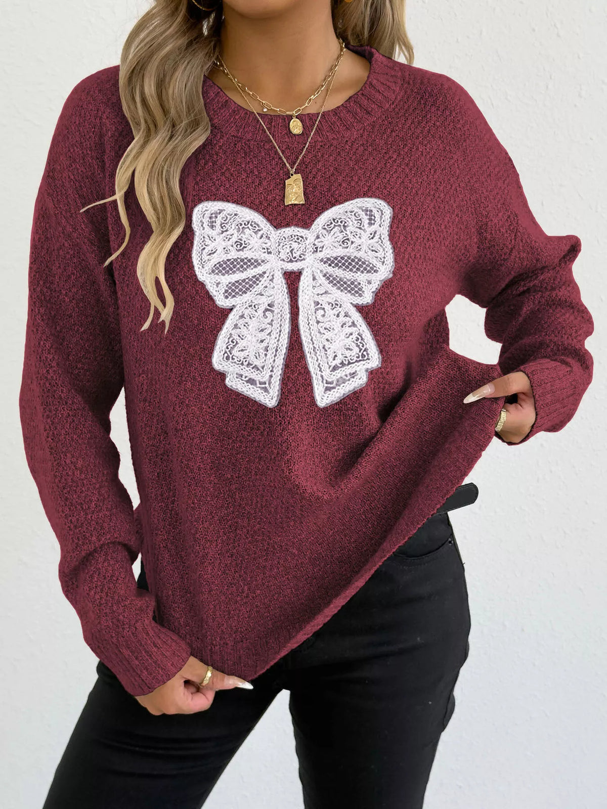 Lace Bow Embroidered Round Neck Sweater