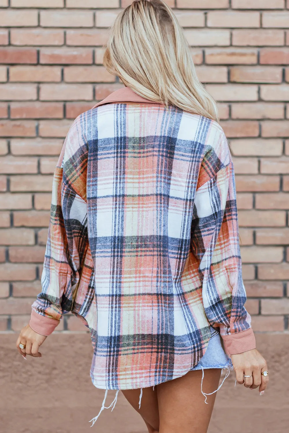 Plaid Button Up Long Sleeve Shacket, view 3