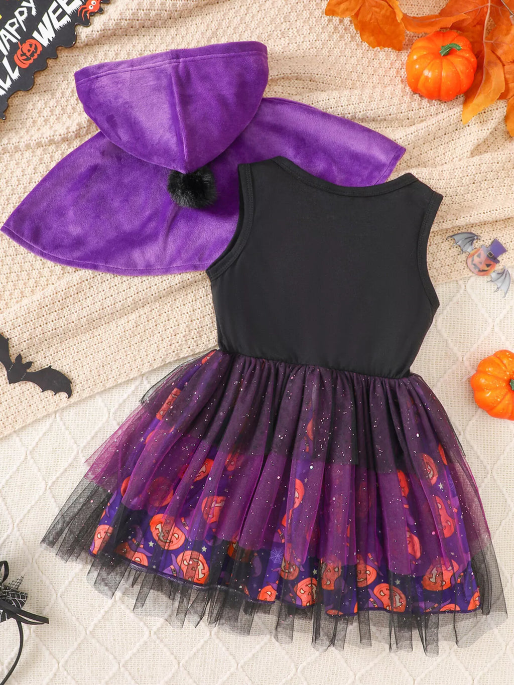 Children's Halloween Hooded Cape and Printed Dress Witch Costume Set - Lilixa.store