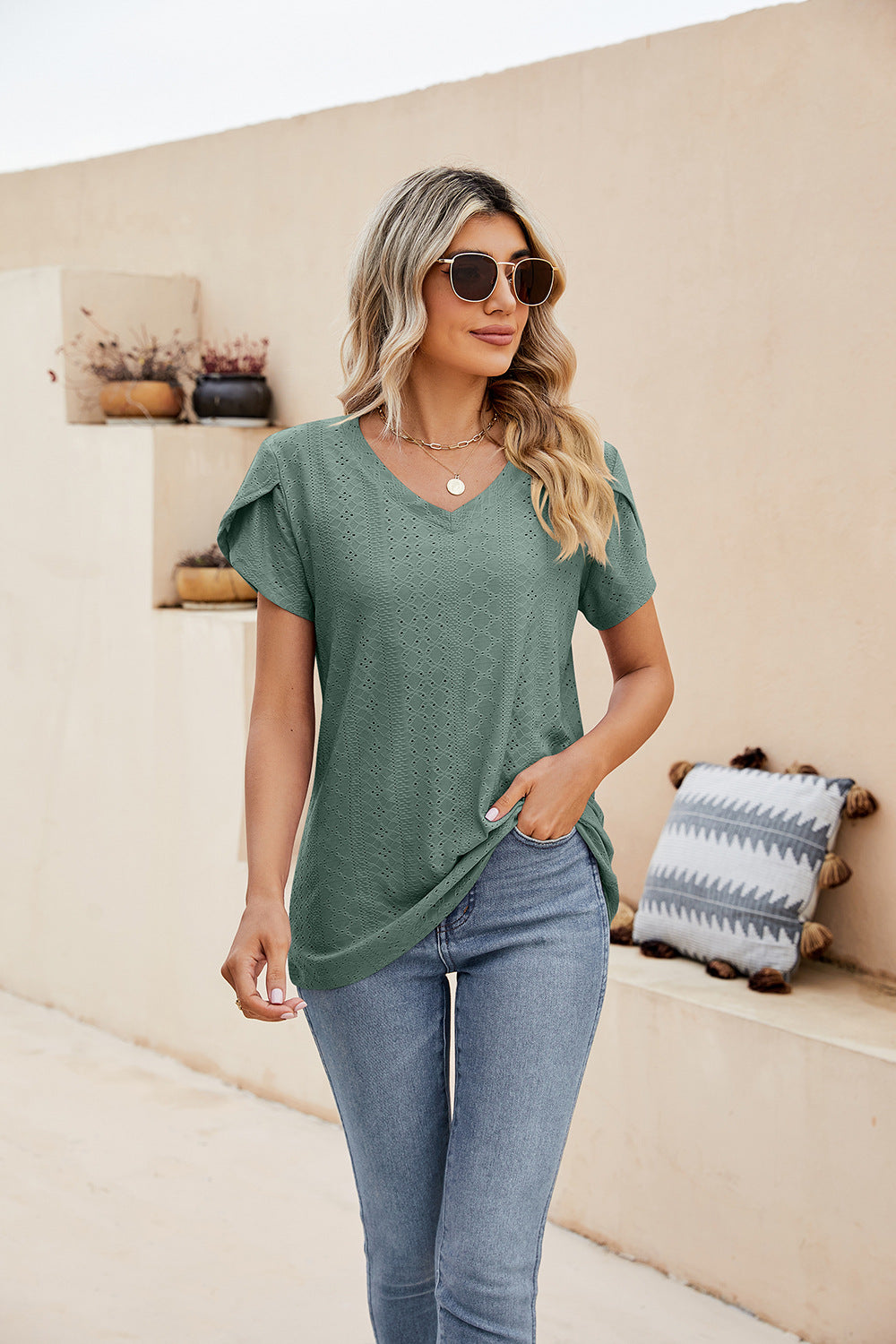 Eyelet Petal Sleeve V-Neck Knit Top in Teal