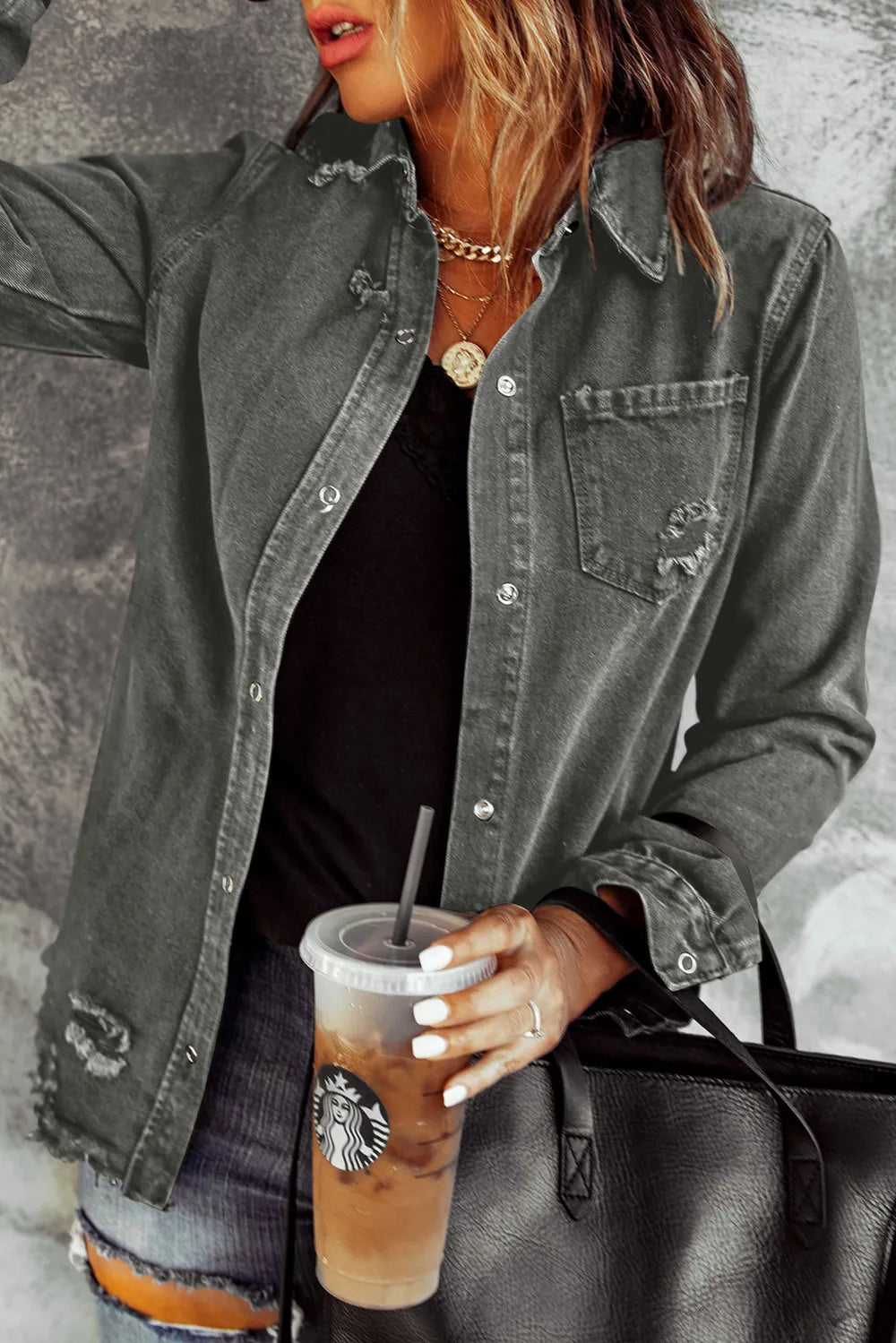 Distressed Raw Hem Snap Down Denim Jacket, view 2