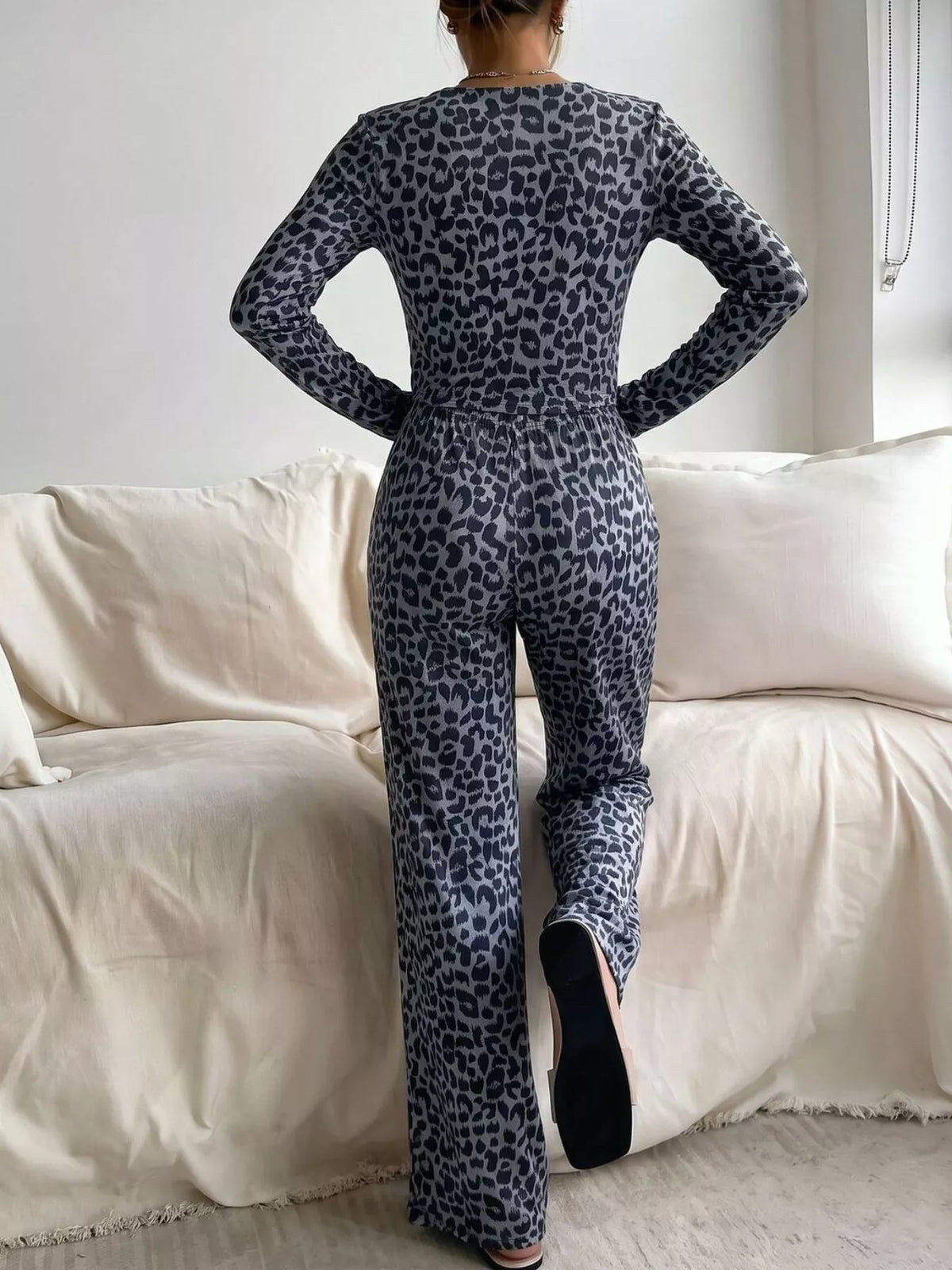 Leopard Print Long Sleeve Top and Pants Lounge Set