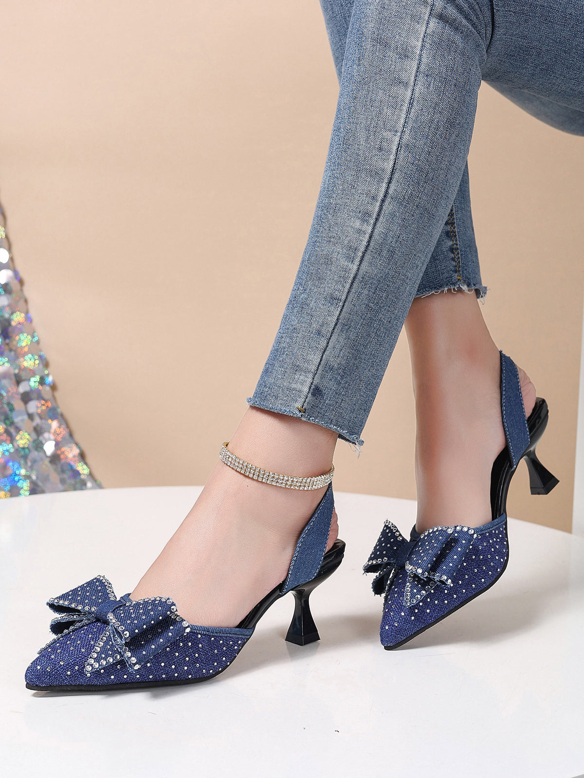 Rhinestone Bowknot Slingback Pumps - Lilixa.store