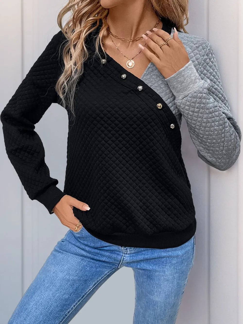 Perfee Decorative Button Contrast Long Sleeve Sweatshirt - Lilixa.store