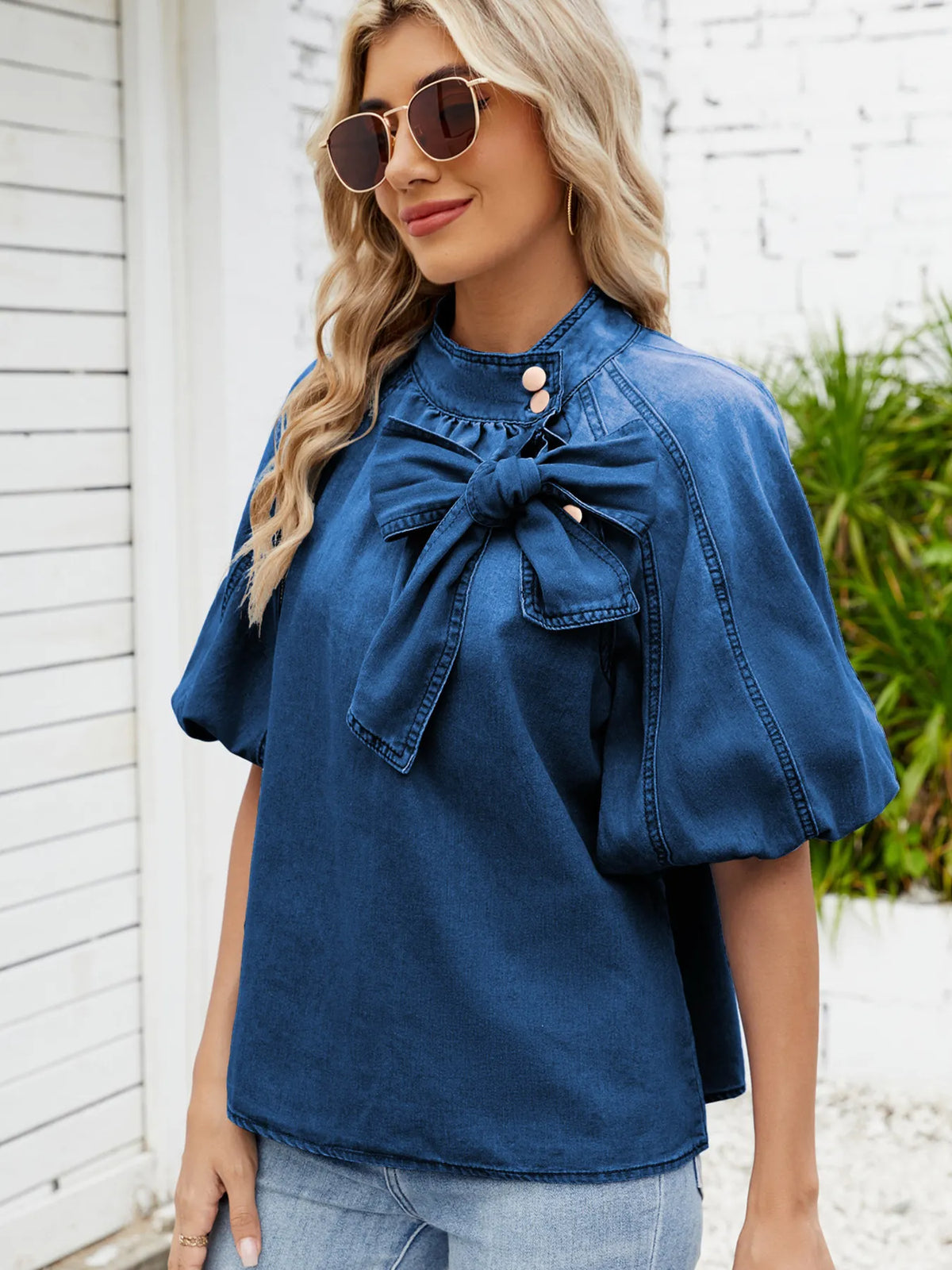 Denim Bow Tie Puff Sleeve Top - Lilixa.store