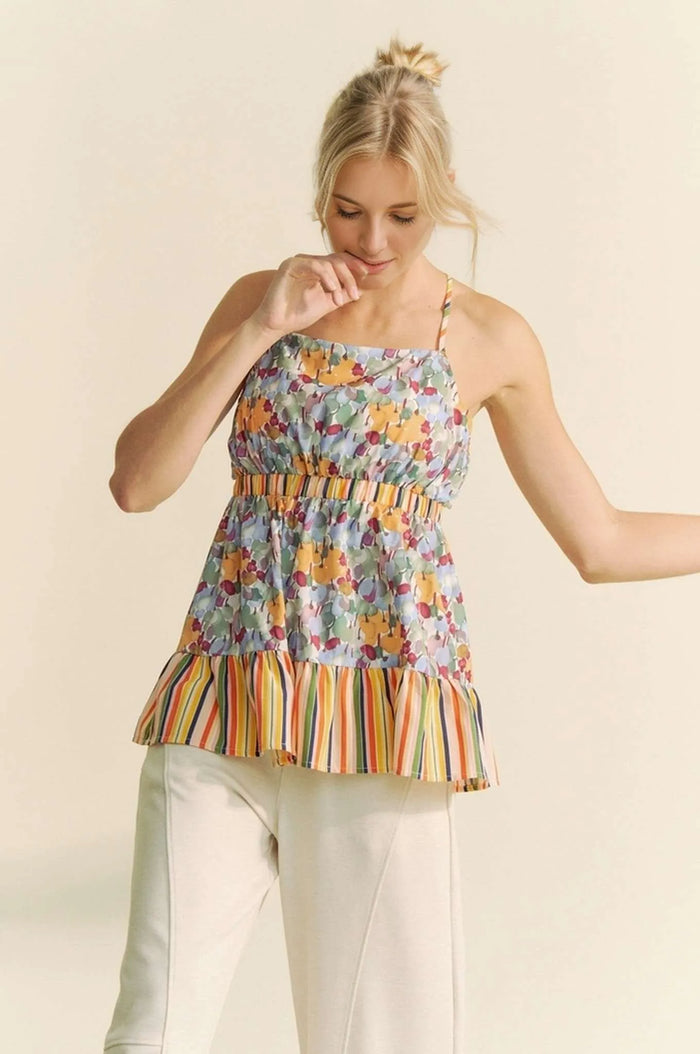 Davi & Dani Floral Smocked Sleeveless Ruffle Back Tie Top - Lilixa.store