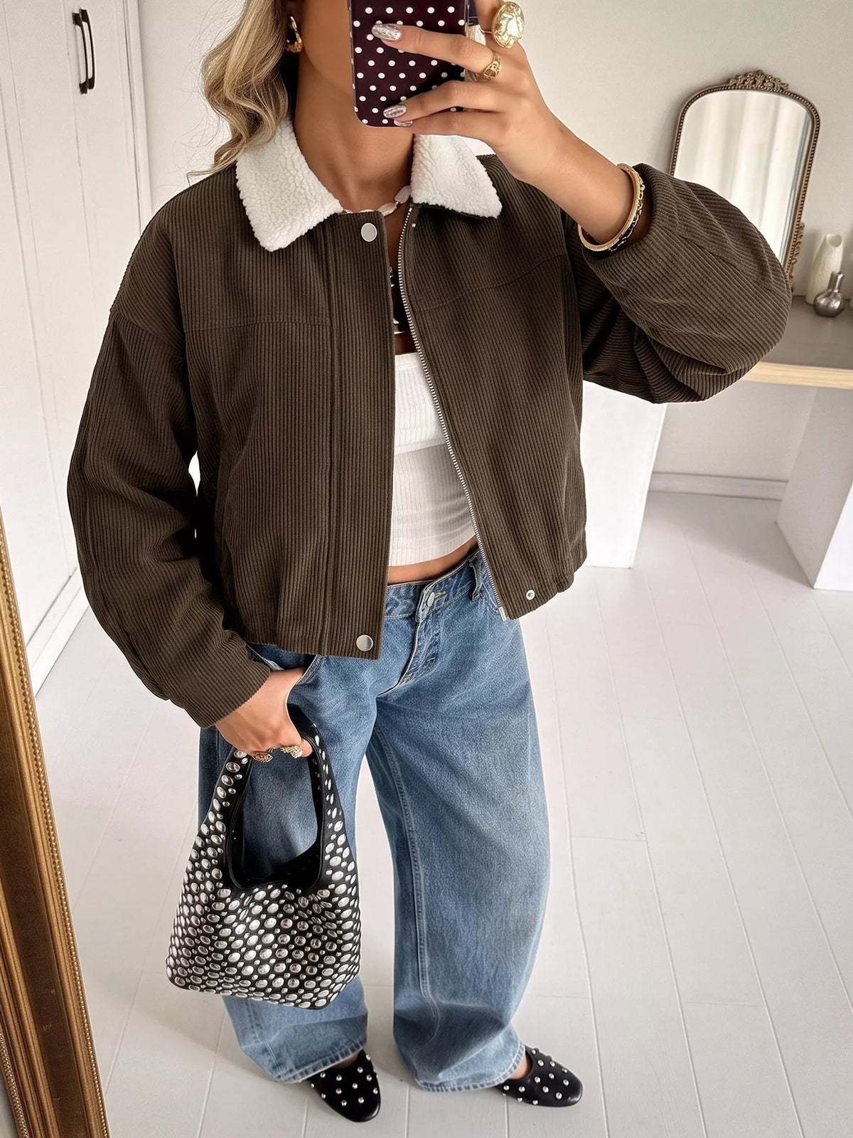 Contrast Sherpa Collar Corduroy Zip Up Jacket