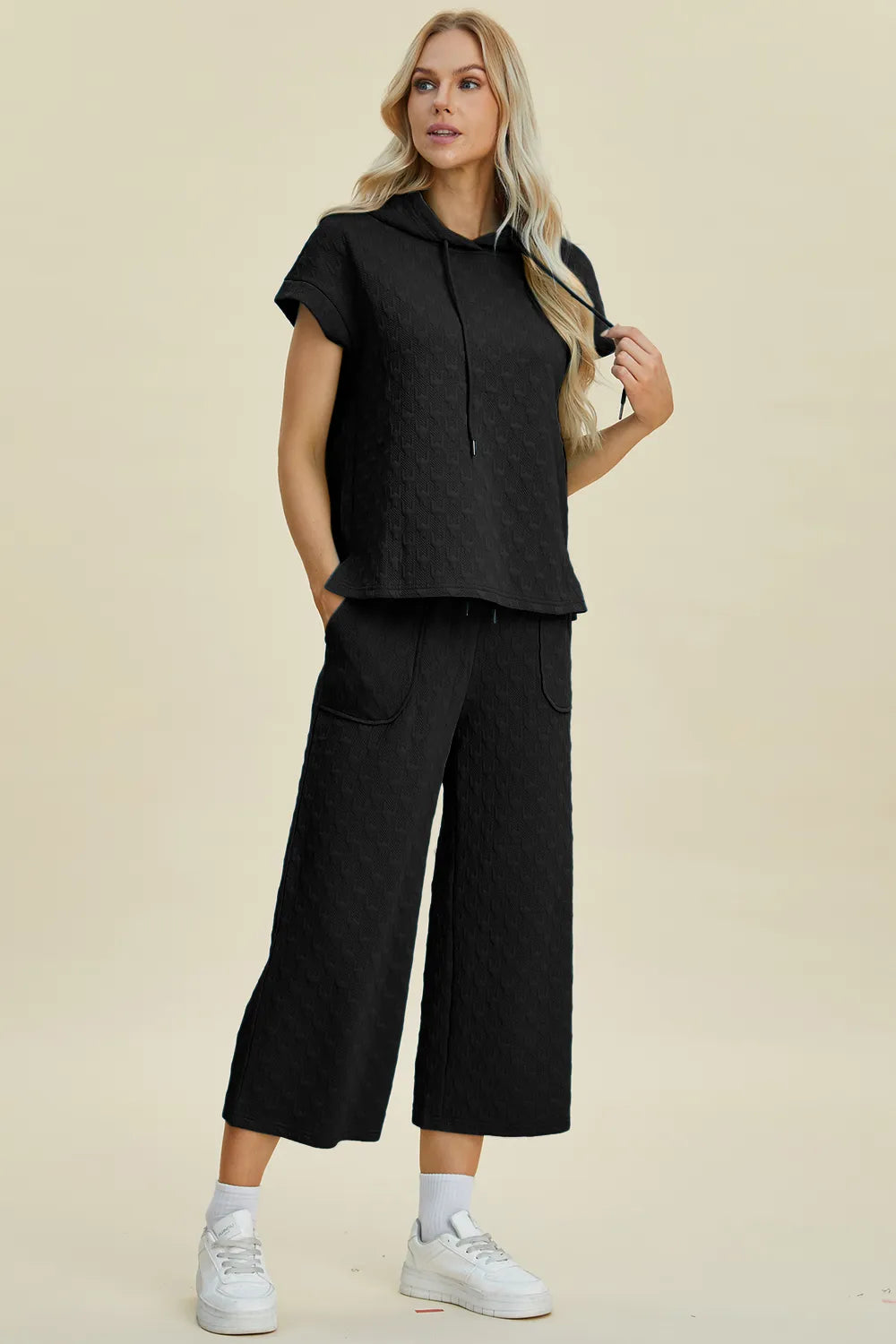 Double Take Full Size Texture Drawstring Short Sleeve Hoodie and Pocketed Pants Set, view 8