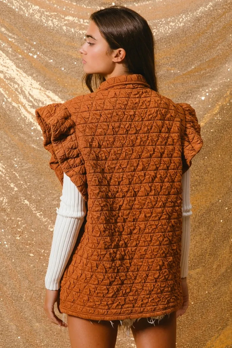BiBi Quilting Knit Ruffle Sleeve Vest in Rust, view 10