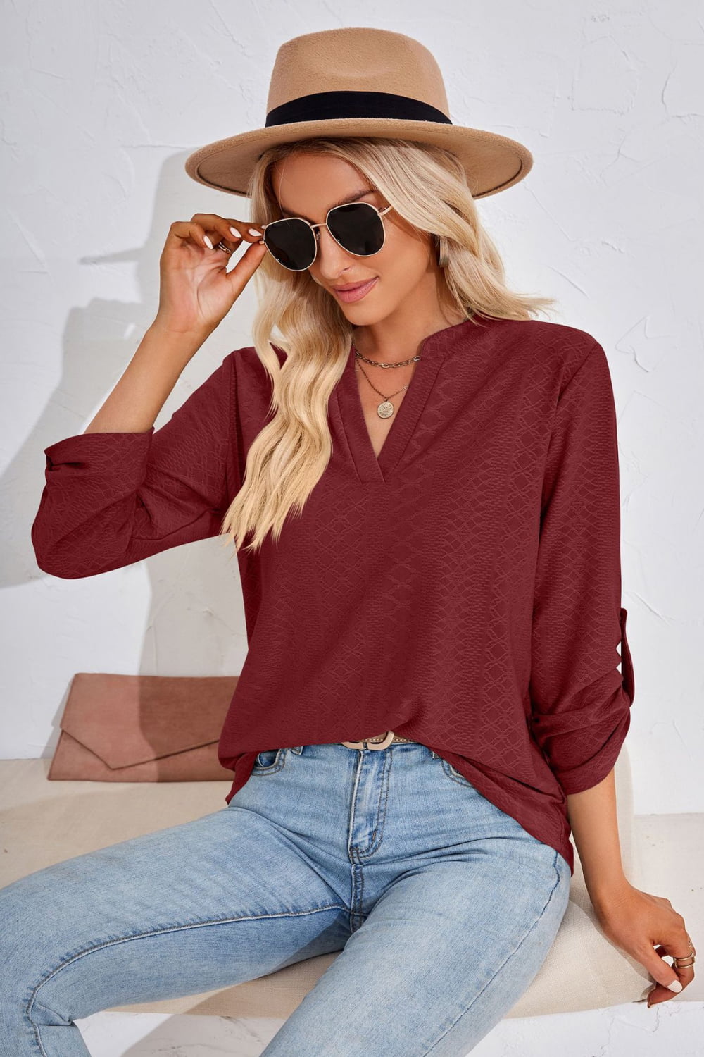 V-Neck Roll-Tap Sleeve Blouse, view 6