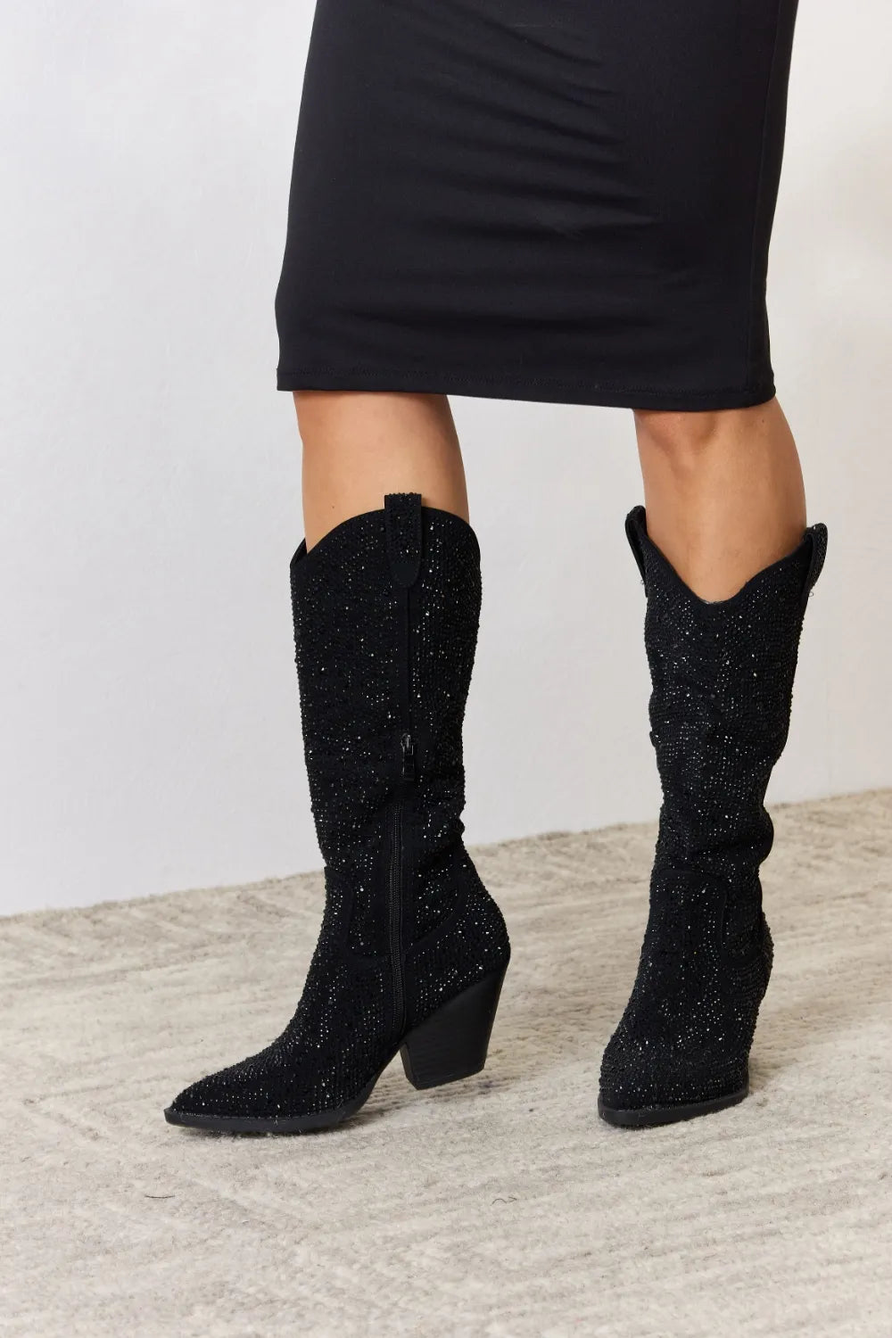 Forever Link Rhinestone Knee High Cowboy Boots in Black, view 2