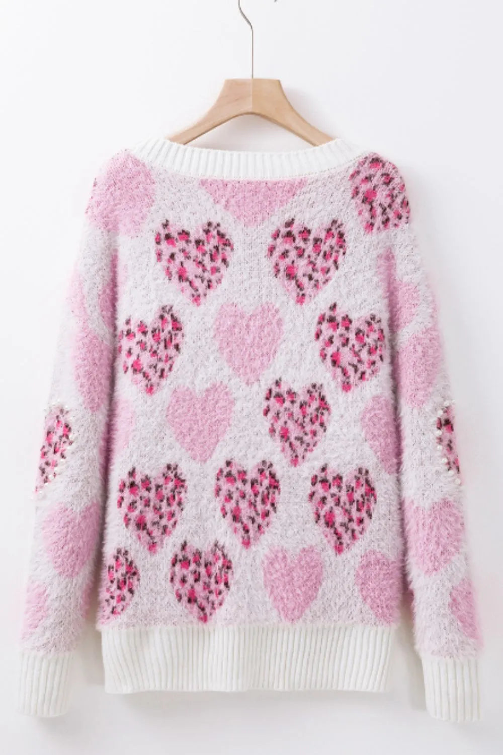 Pearl Detail Heart Round Neck Sweater - Lilixa.store
