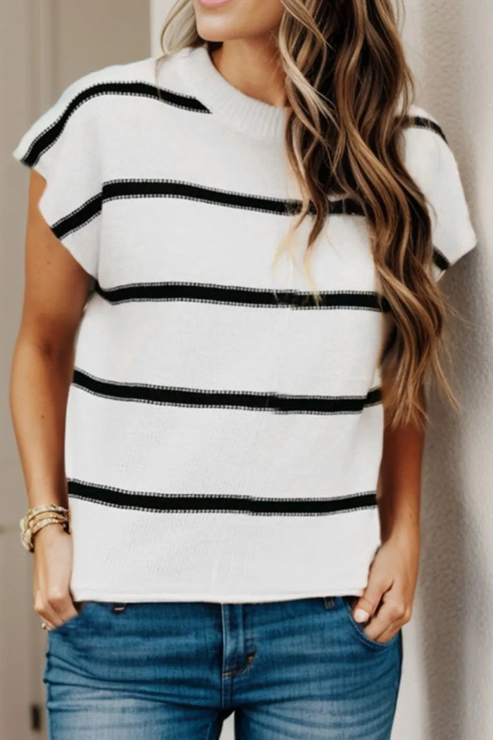 Striped Round Neck Cap Sleeve Sweater in White