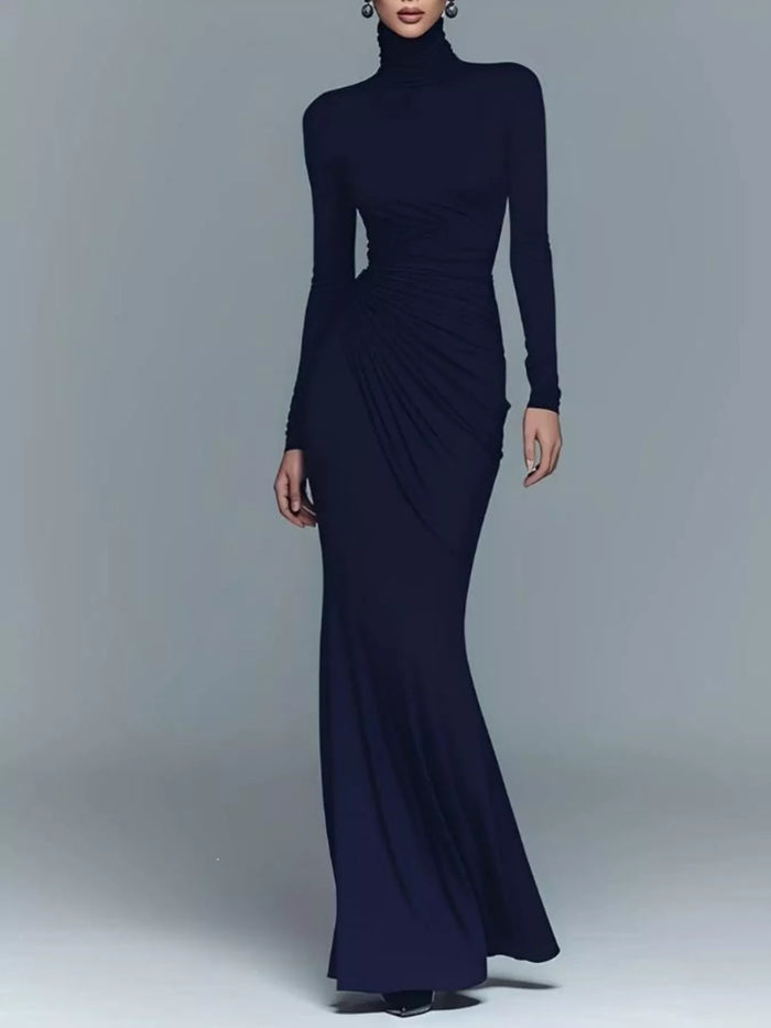 Turtleneck Long-Sleeve Ruched Maxi Dress in Dark Blue