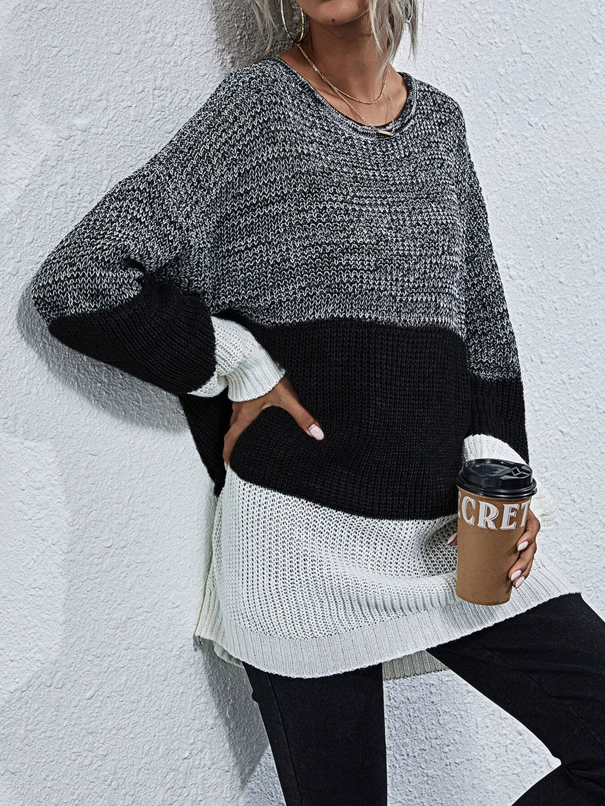 Color Block Round Neck Oversized Sweater - Lilixa.store