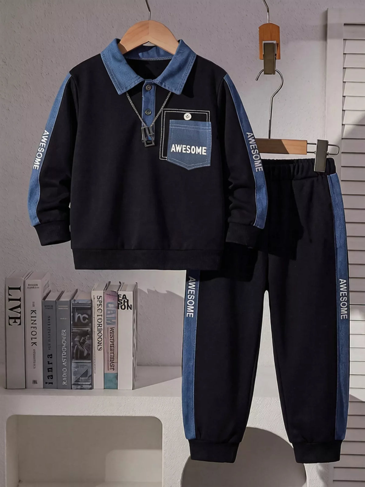 Children's Contrast Polo Shirt and Joggers Set in Black