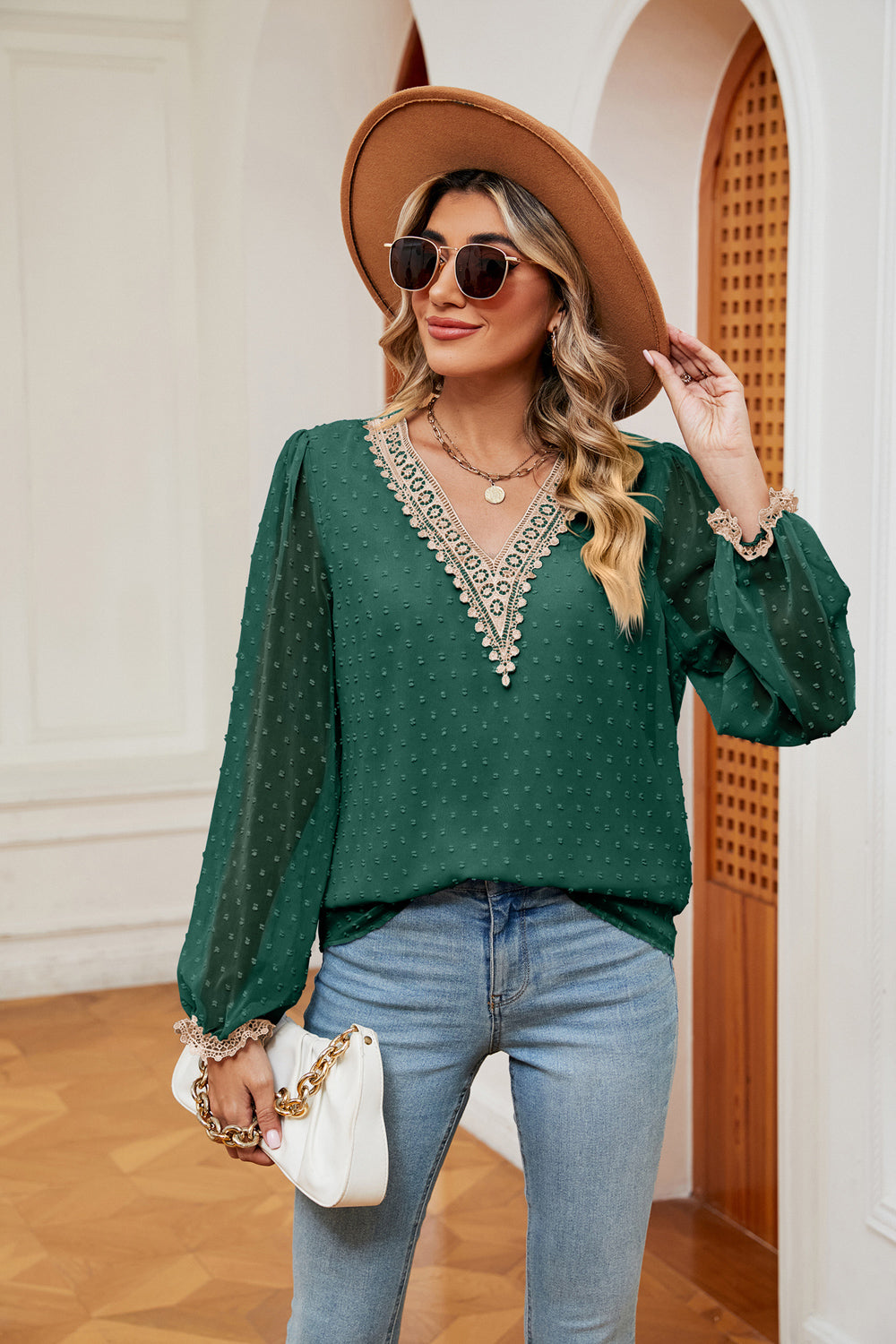 Swiss Dot Contrast V-Neck Blouse, view 9