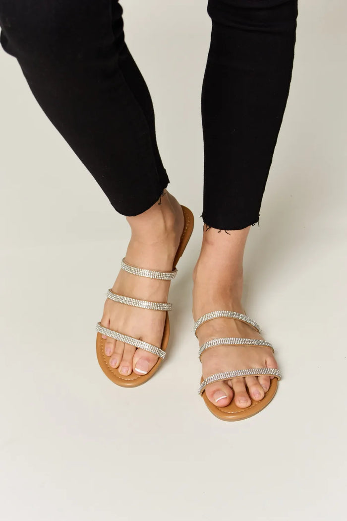 WILD DIVA Rhinestone Three-Strap Flat Sandals - Lilixa.store