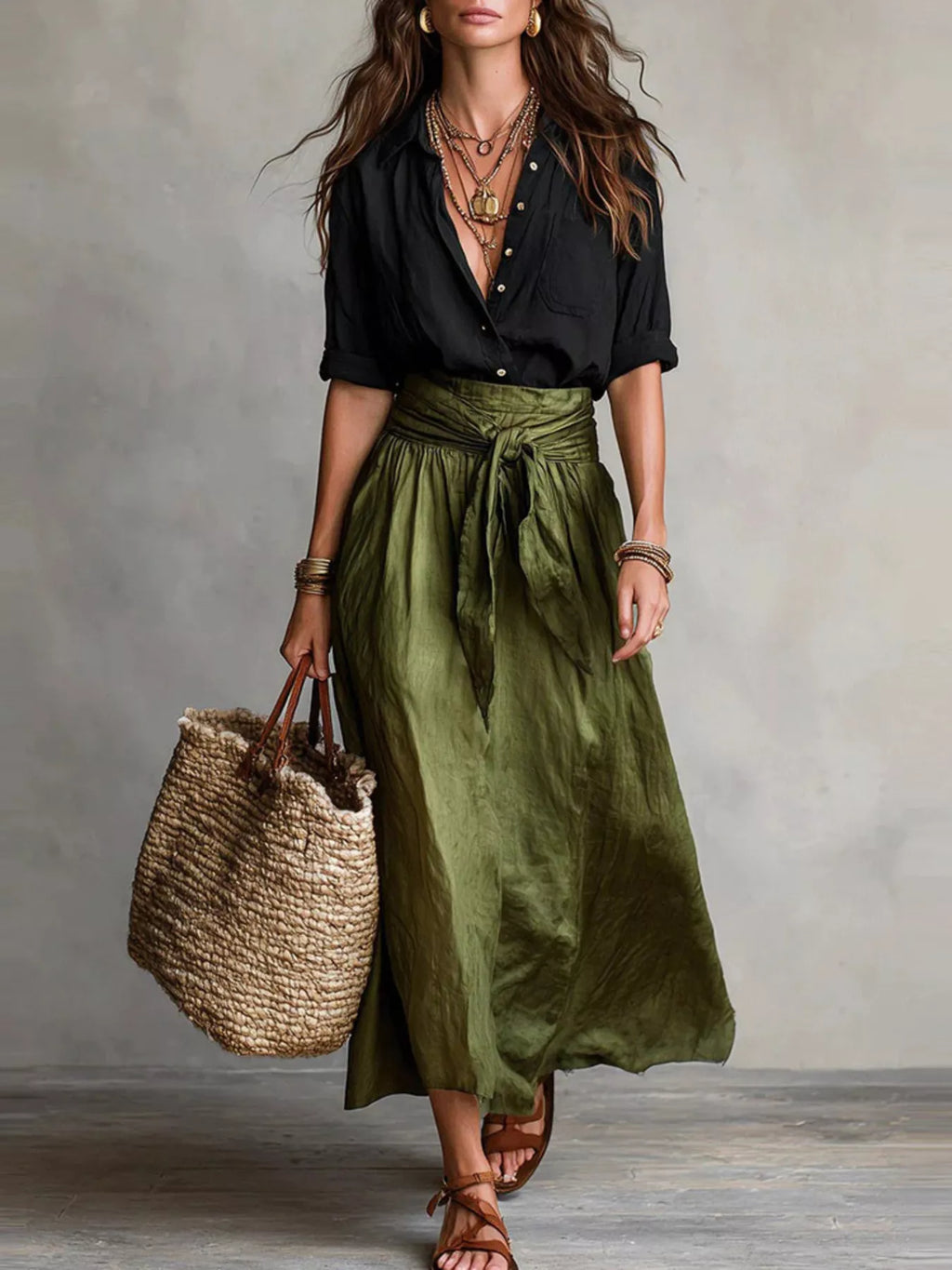 Button-Down Shirt and High-Waisted Tie-Front Maxi Skirt Set - Lilixa.store