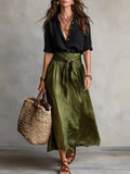 Button-Down Shirt and High-Waisted Tie-Front Maxi Skirt Set - Lilixa.store