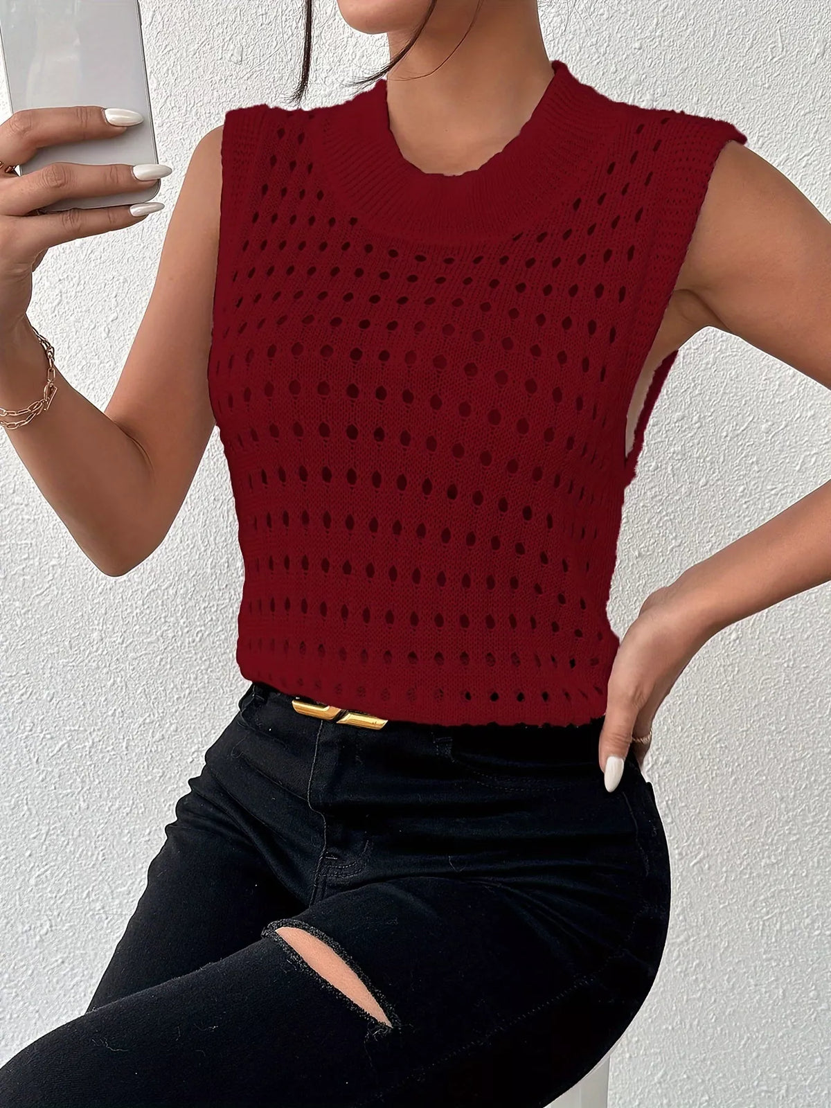 Hollow Out Round Neck Knit Tank in Wine Red