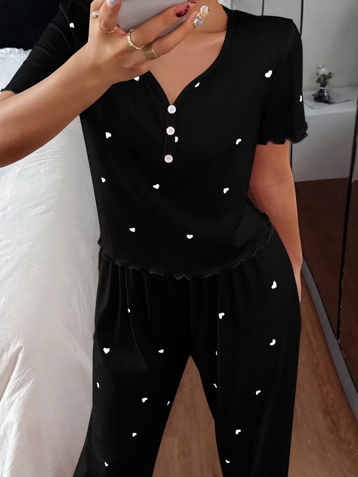 Heart Print Lettuce Trim Top and Pants Loungewear Set