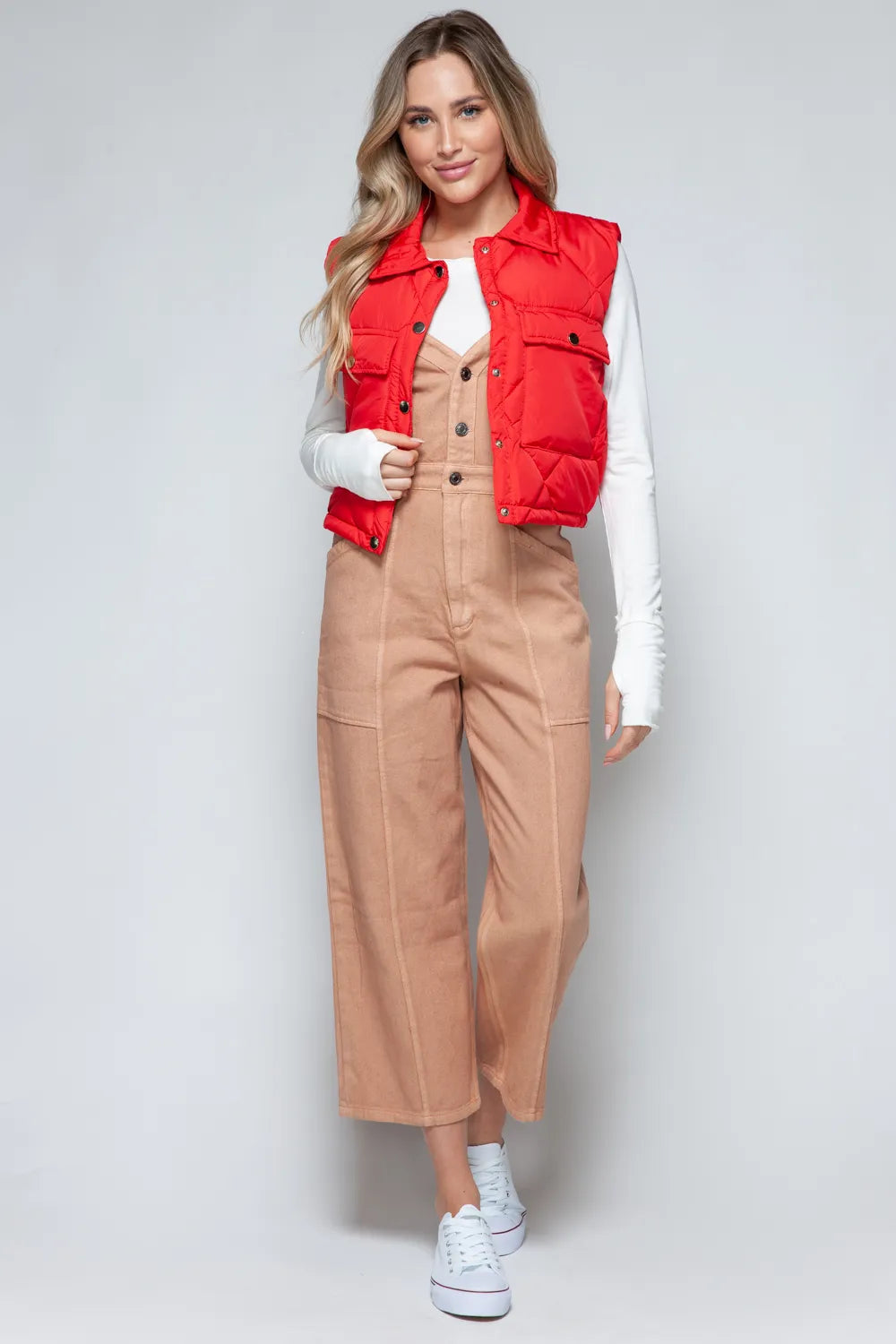 Snobbish Snap Down Quilted Crop Vest in Red, view 7