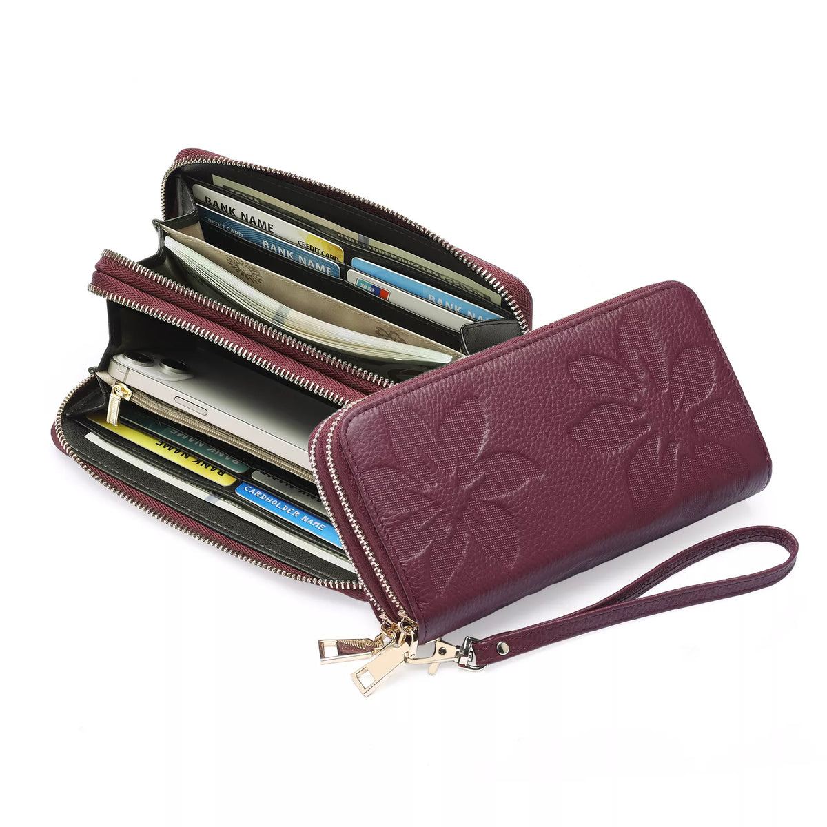 Floral Embossed Leather Zipper Wallet - Lilixa.store