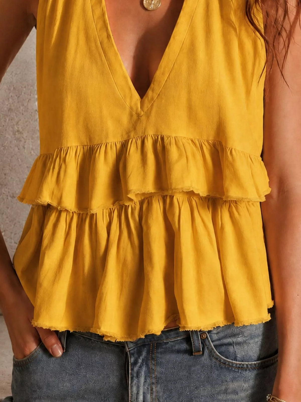 Ruffled V-Neck Sleeveless Top - Lilixa.store