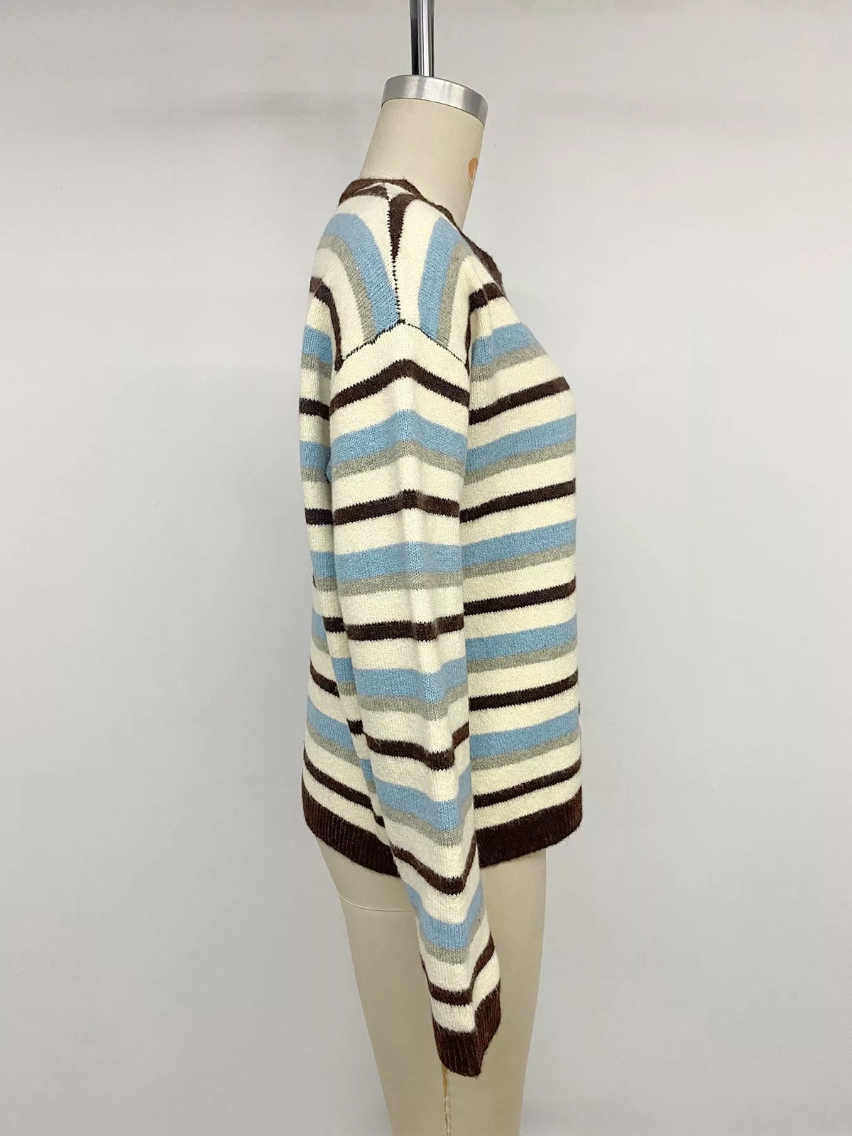 Striped Crew Neck Button-Down Cardigan - Lilixa.store