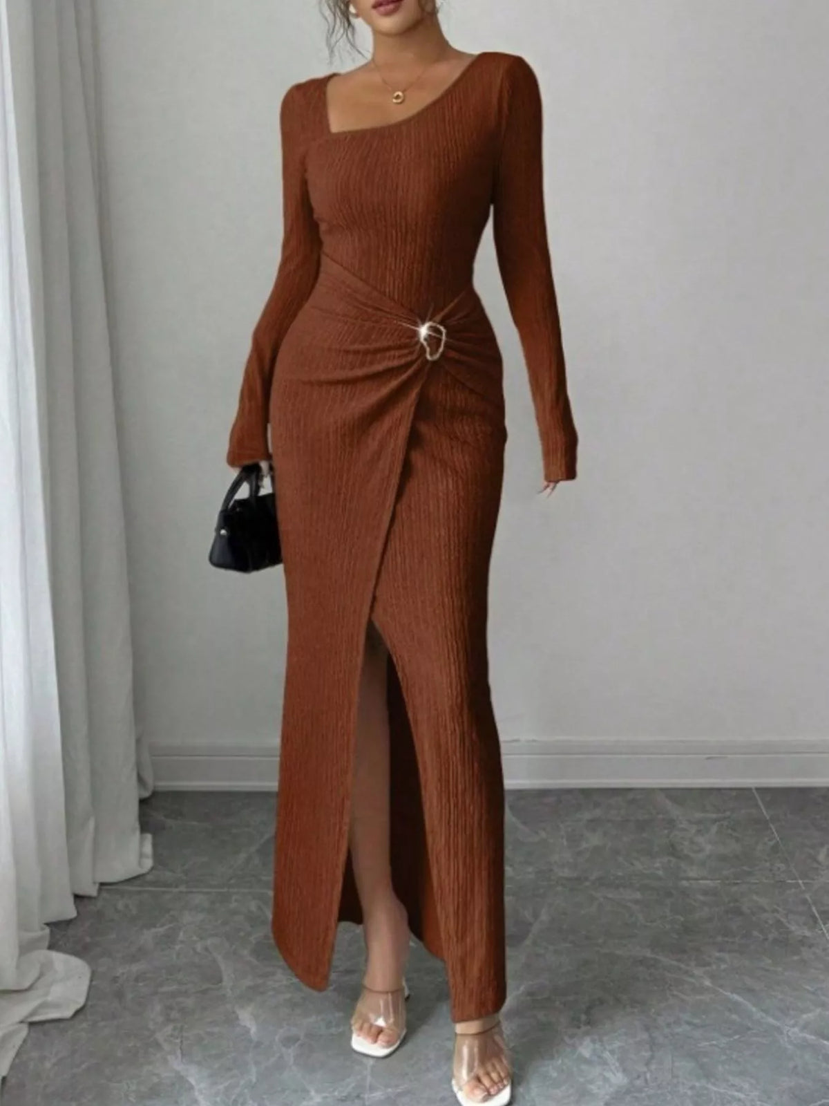 Slit Asymmetrical Neck Ribbed Maxi Dress - Lilixa.store