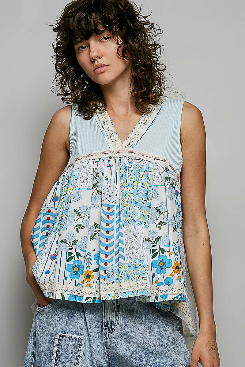 POL Floral V-Neck Sheer Tank with Lace Trim - Lilixa.store