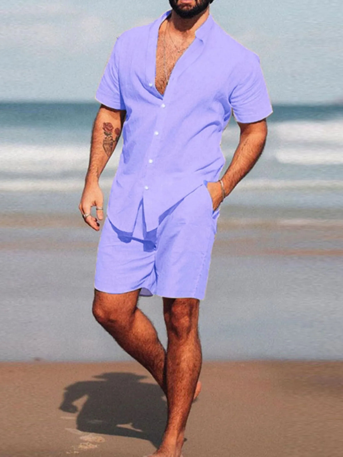Men's Full Size Short Sleeve Shirt and Shorts Set Plus Size in Purple