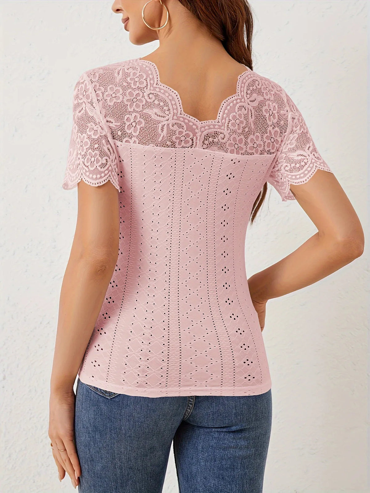 Lace Scalloped V-Neck Eyelet T-Shirt - Lilixa.store