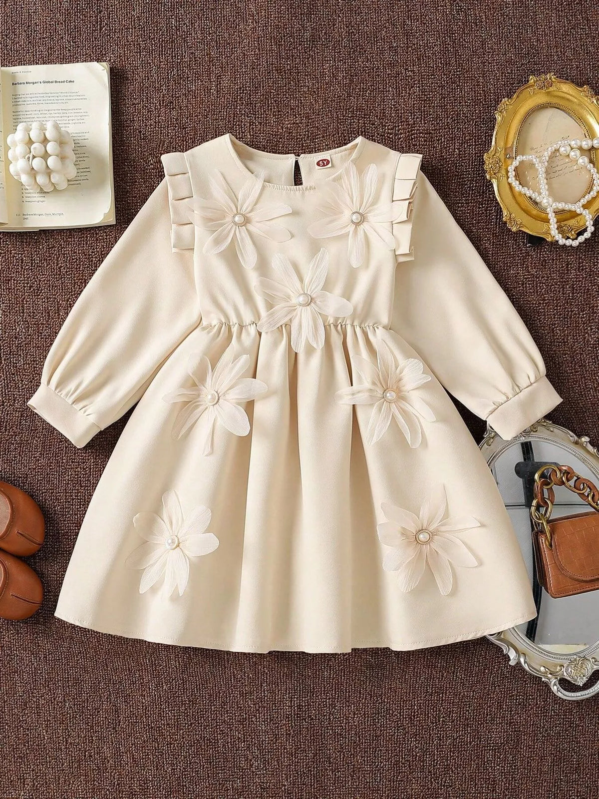 Children's Long-Sleeve Dress with 3D Floral Appliques and Pearl Accents in Apricot Color, view 2