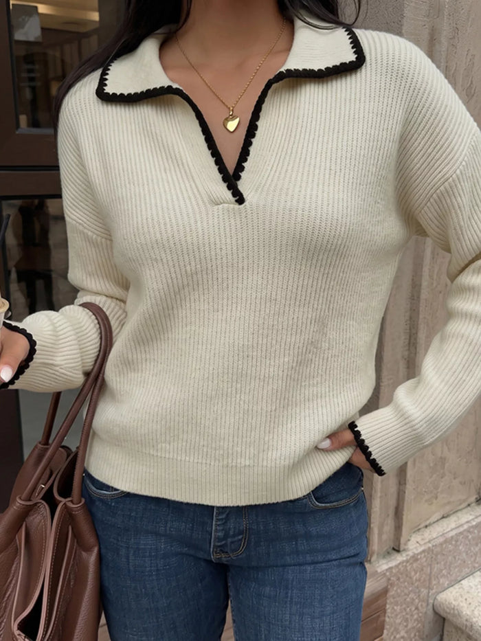 Contrast Trim Dropped Shoulder Sweater in Khaki