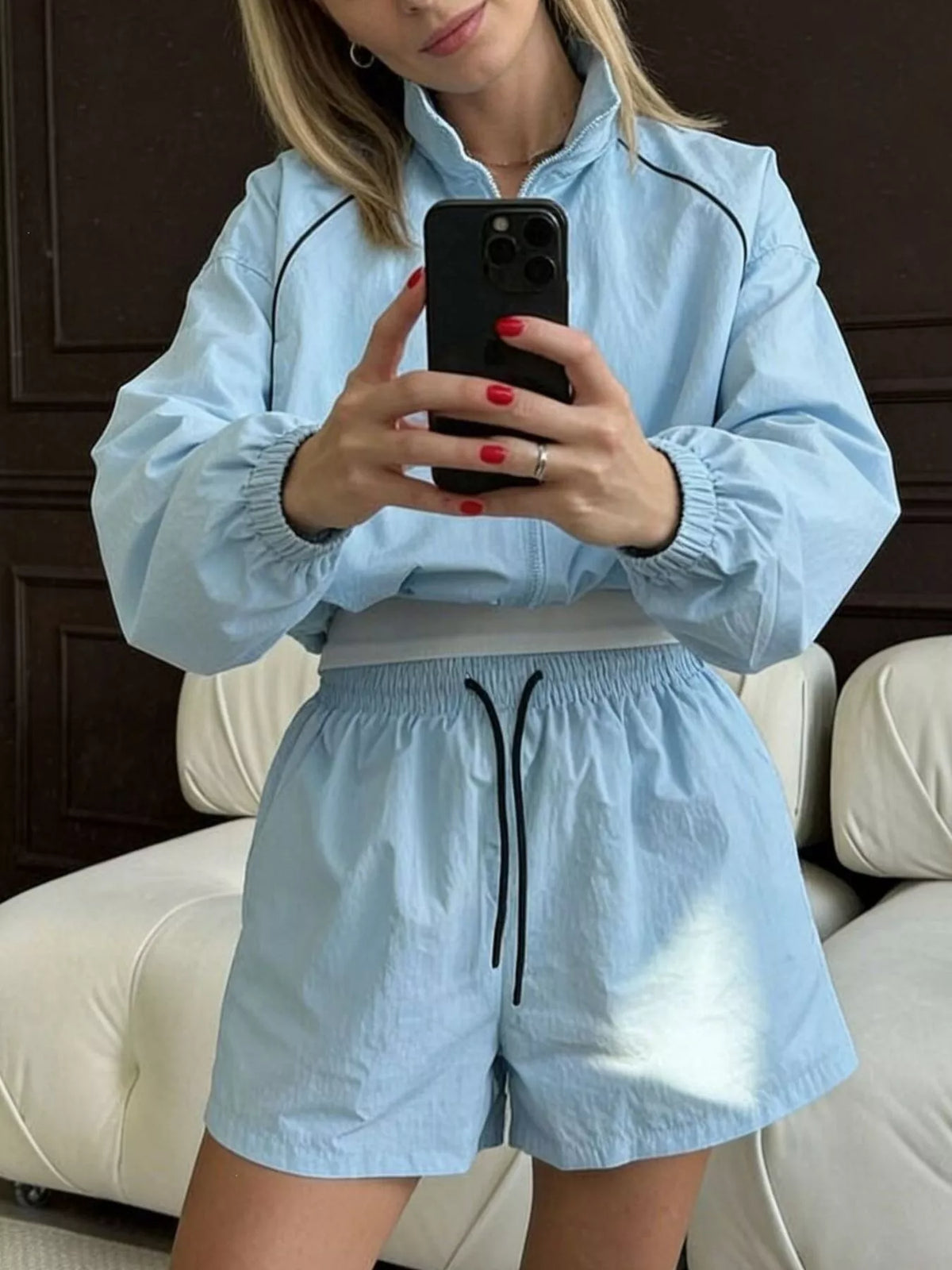 Zip-Up Jacket and Shorts Two-Piece Set - Lilixa.store