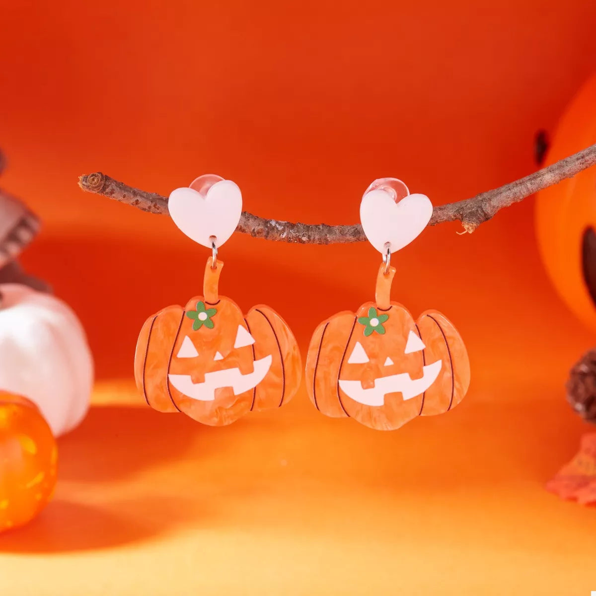 Halloween Pumpkin Heart Drop Earrings in Sherbet, view 3
