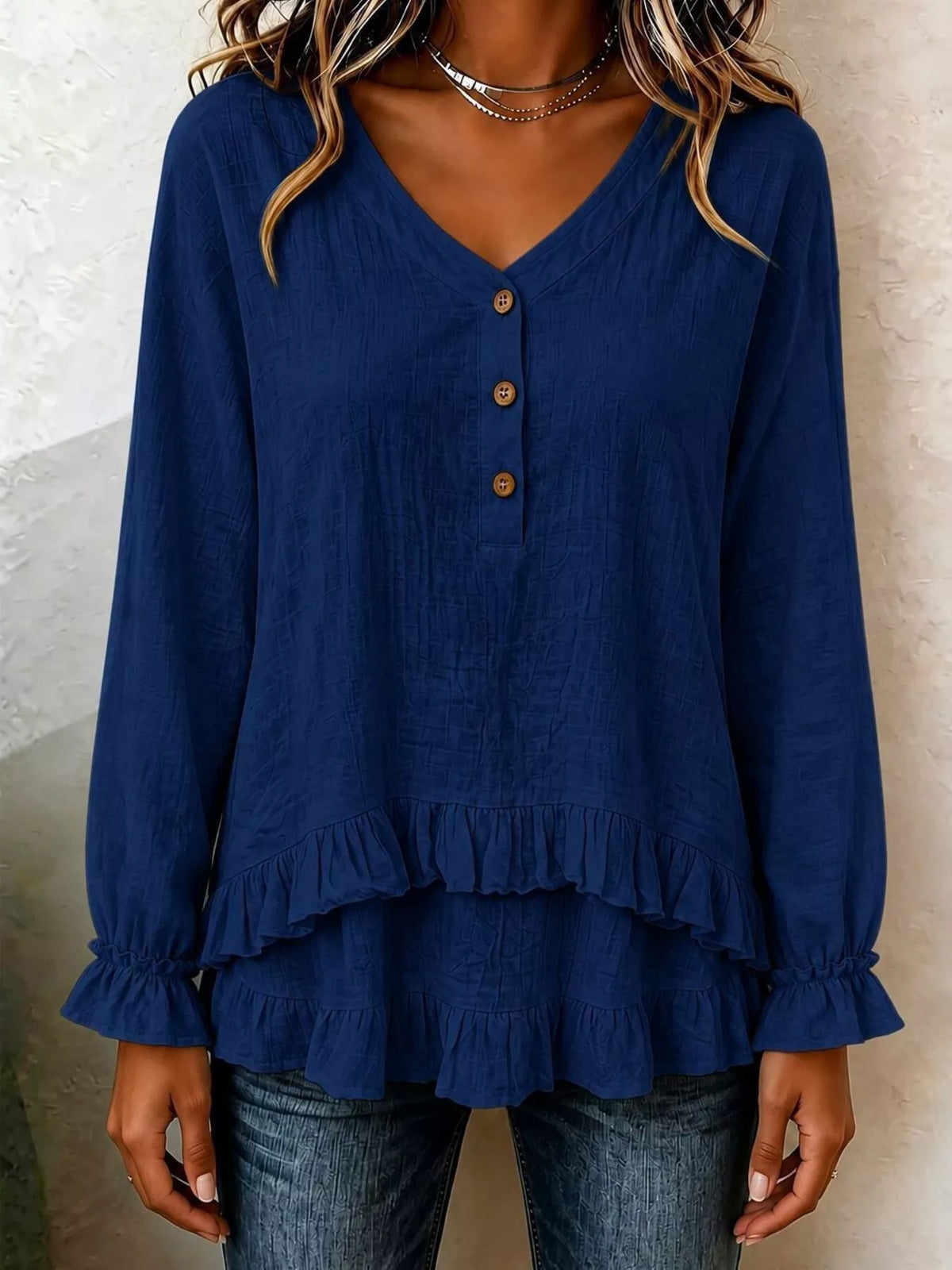 V-Neck Long Sleeve Button Detail Ruffled Hem Blouse in Navy