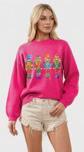 Double Take Full Size Sequin Nutcracker Long Sleeve Sweater in Hot Pink