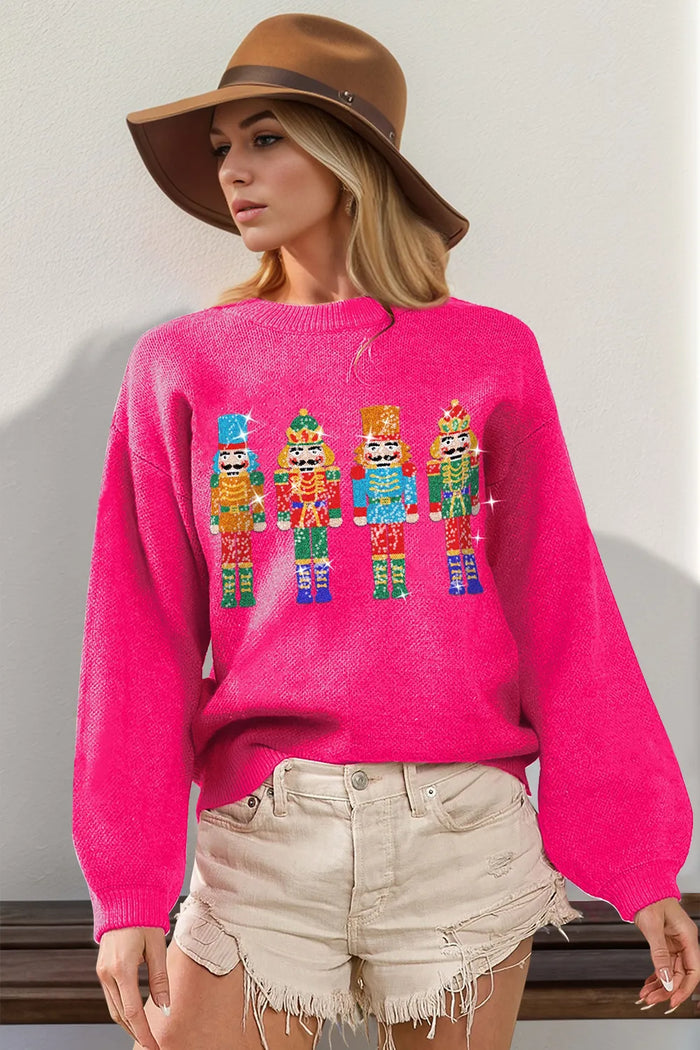 Double Take Full Size Sequin Nutcracker Long Sleeve Sweater in Hot Pink