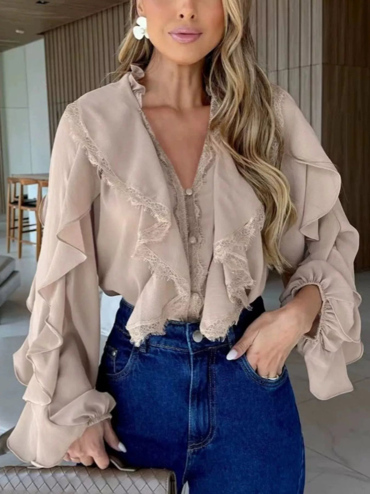 V-Neck Ruffled Lace Trim Blouse, view 5