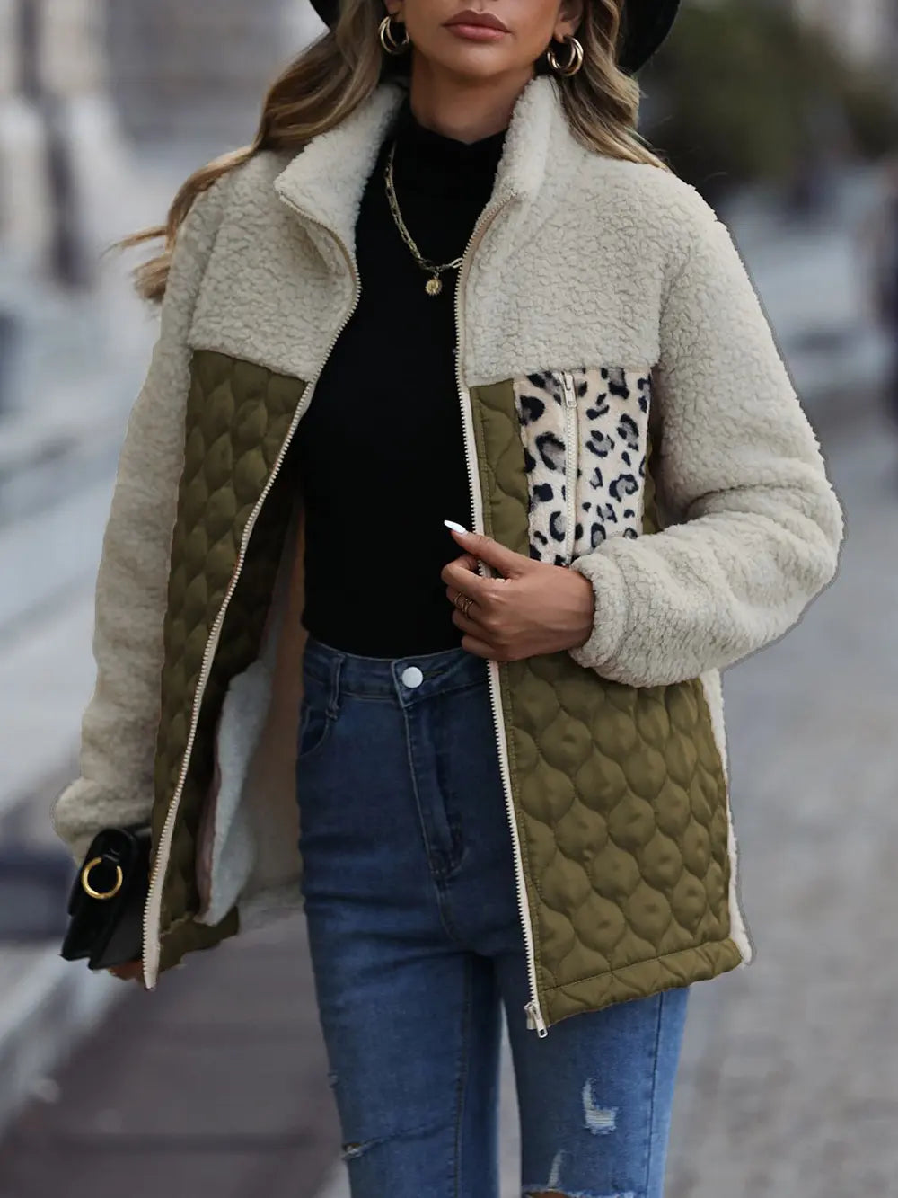 Leopard Color Block Zip-Up Jacket, view 4