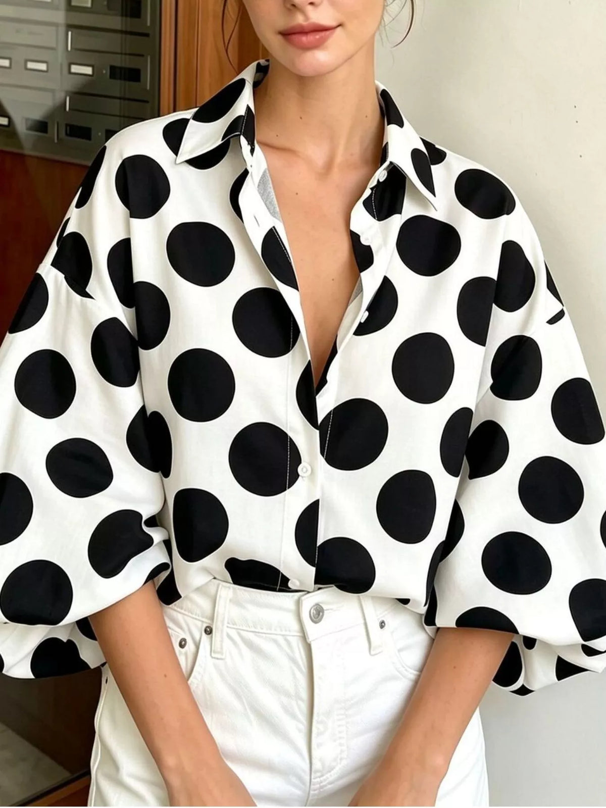Polka Dot Puff Sleeve Shirt - Lilixa.store