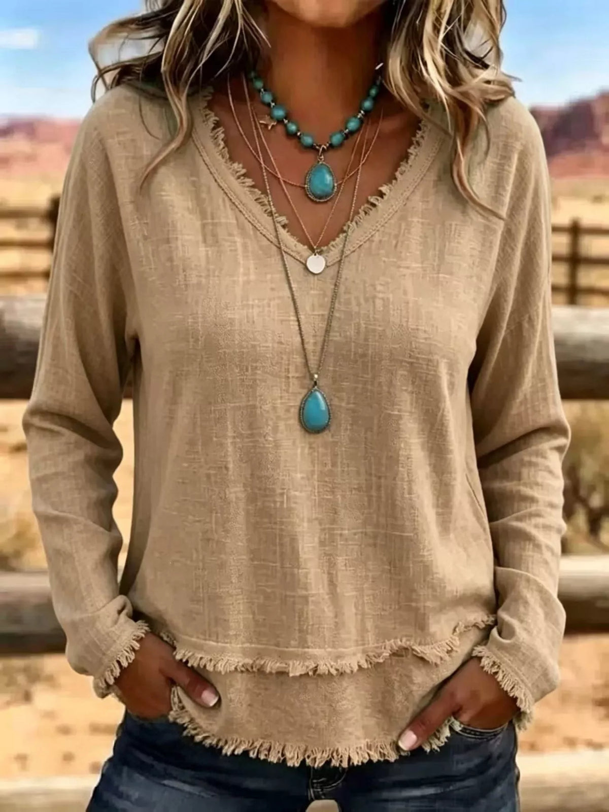 V-Neck Long Sleeve Blouse with Frayed Hem Detail - Lilixa.store