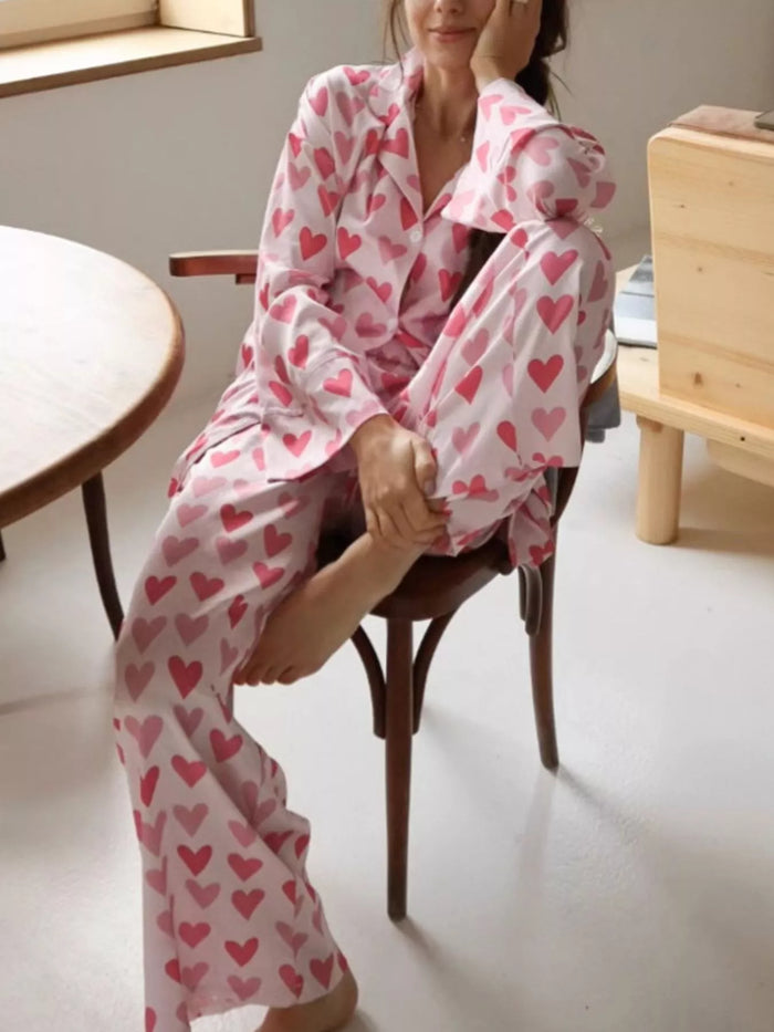 Heart Print Button Up Top and Pants Lounge Set - Lilixa.store