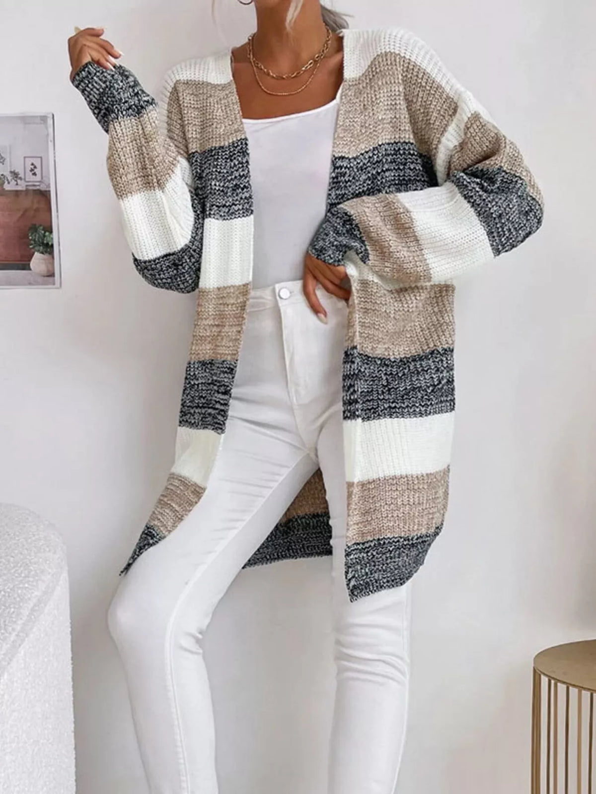 Color Block Striped Open Front Longline Cardigan - Lilixa.store