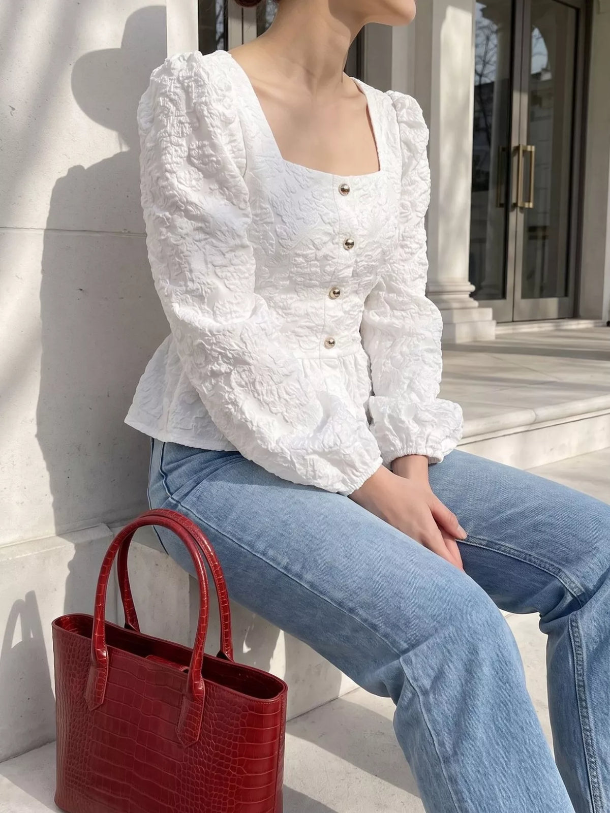 Square Neck Textured Peplum Blouse, view 2