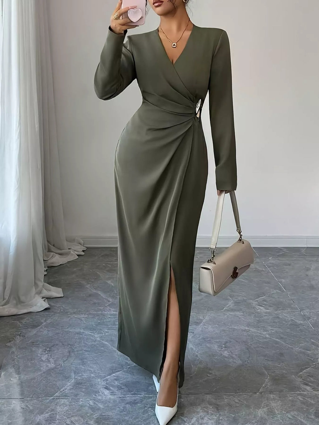 Slit Surplice Long Sleeve Maxi Dress - Lilixa.store
